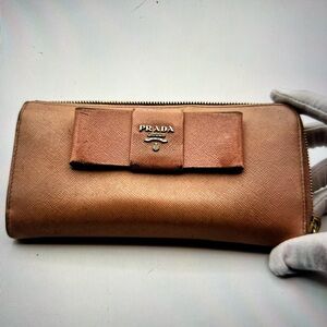 Authentic Prada TESSUTO SAFFIANO leather ribbon wallet, zippy, purse, pink.